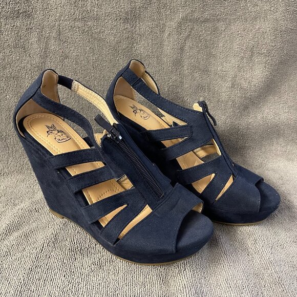 Ashley A Women’s Size 8 Strappy Open Toe Platform Wedges Navy - Picture 1 of 6